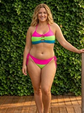 SHEIN Pink, Lime & Teal Ring-Accent Halter Bikini